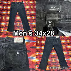 True Religion Washed Black Ricky SN Flap Relaxed Straight Jeans Men’s Size 34x28