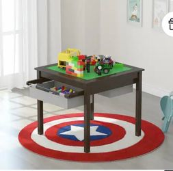 2 in 1 Kids Activity Lego Table Set with Storage, Kids Table with 2 Chairs, Espresso with Gray Drawer