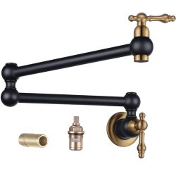 Wall Mounted Pot Filler with 2-Handles Double Joint Swing Arm in Black and Gold