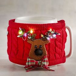 REINDEER Christmas Red Sweater LED Light Up Porcelain coffee hot cocoa mug