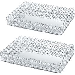 2 Pcs Silver Metal Crystal Mirror Tray - 11.2"x8.1" Table Centerpieces Tray, Multi-Functional Display for Flowers/Cupcakes/Jewelry, Vanity Organizer &