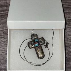 Vintage Carolyn Pollack Relios Sterling Silver Cross Pin/Pendant & Necklace w/inlaid multi-stone design: Turquoise, Coral, Malachite, Lapis & Onyx