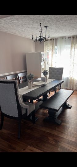 Dining table with chairs and bench