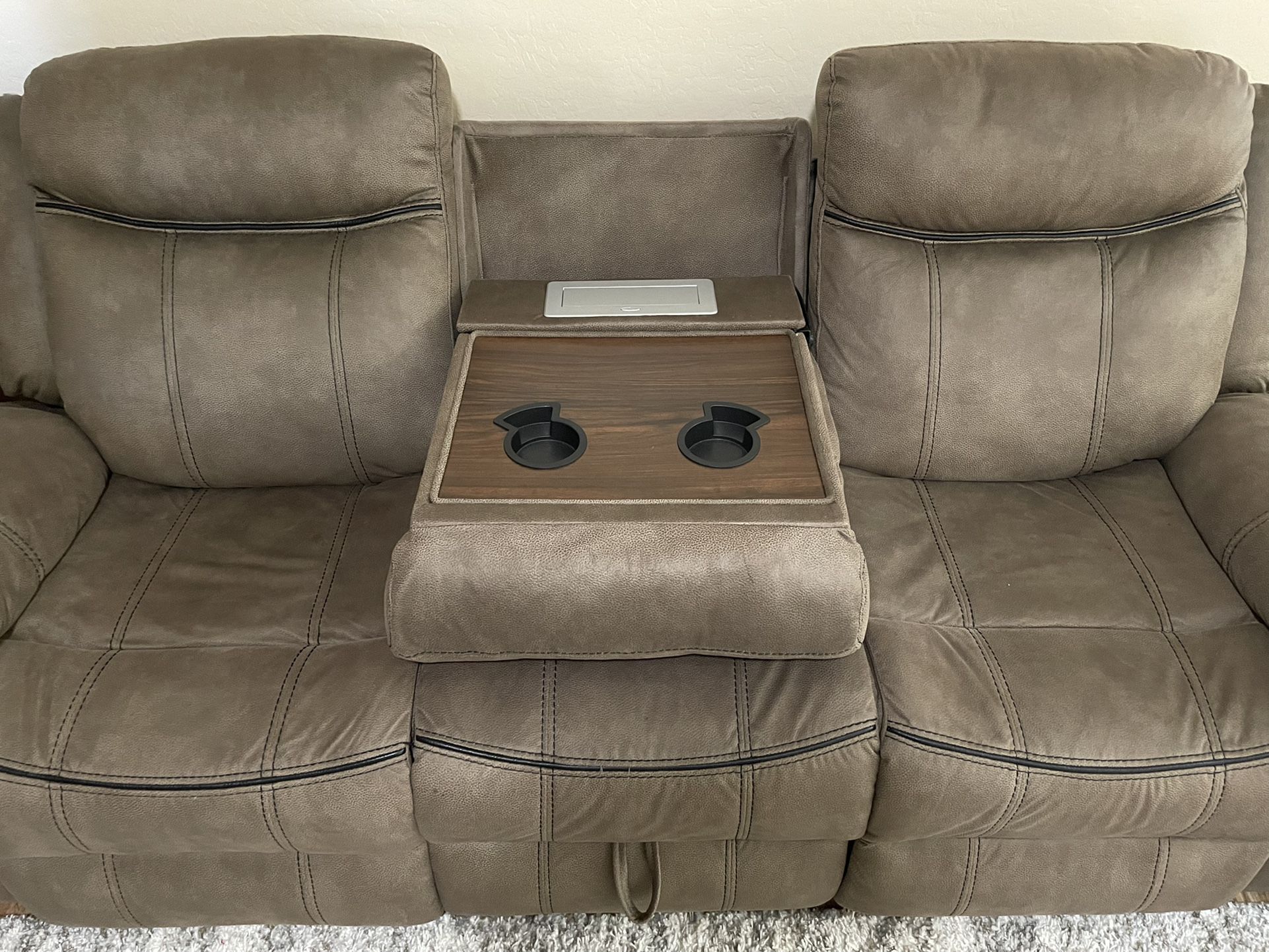 Reclining Sofa and Rocking Loveseat With Consoles, Outlets, and Storage
