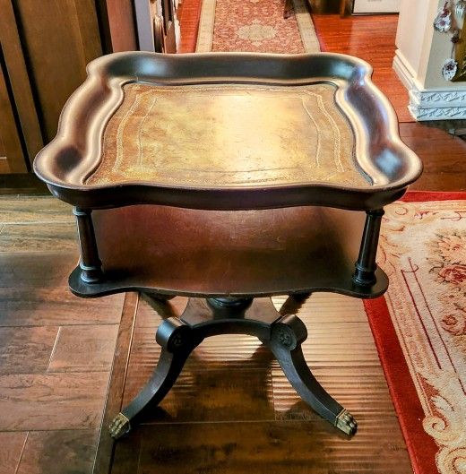 Antique Leather Top 2 Tier Mahogany Scroll Side Table $490.00