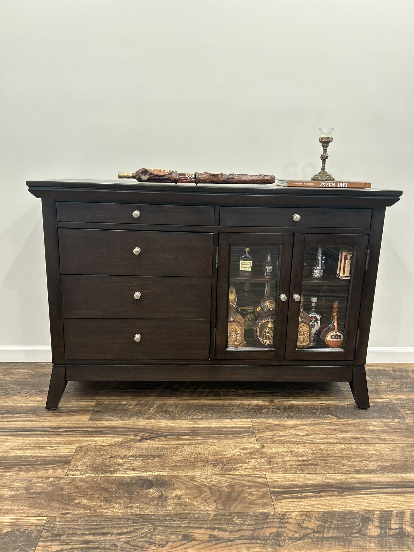 Espresso Wood Dining Buffet Server with Glass Display & Storage Drawers