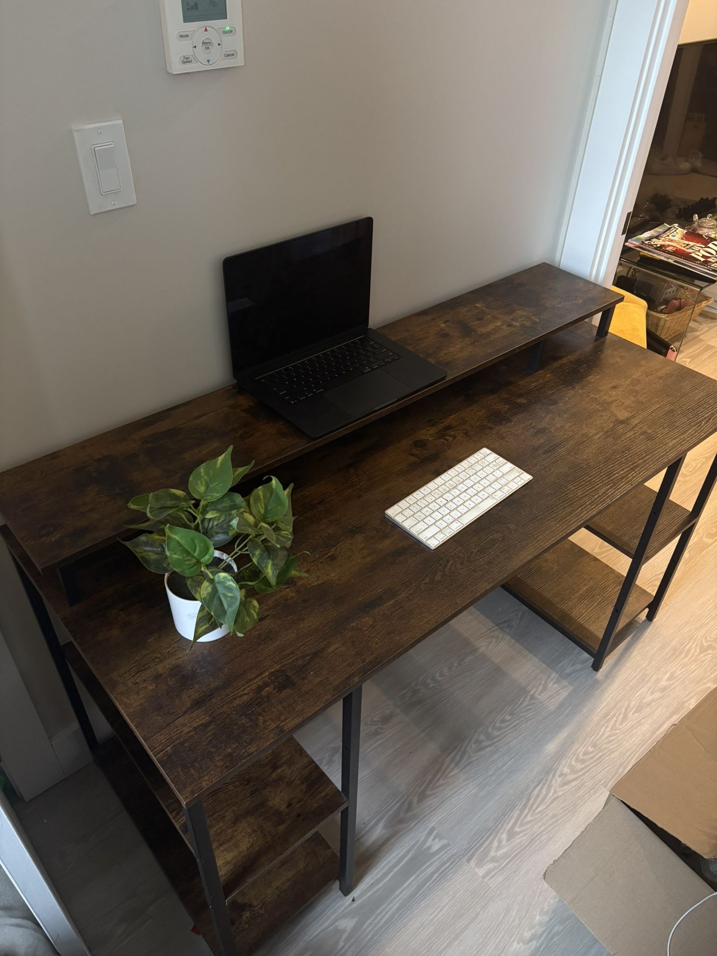 Benjara Industrial 55” Wood & Metal Desk with 2 Shelves (Basically New)