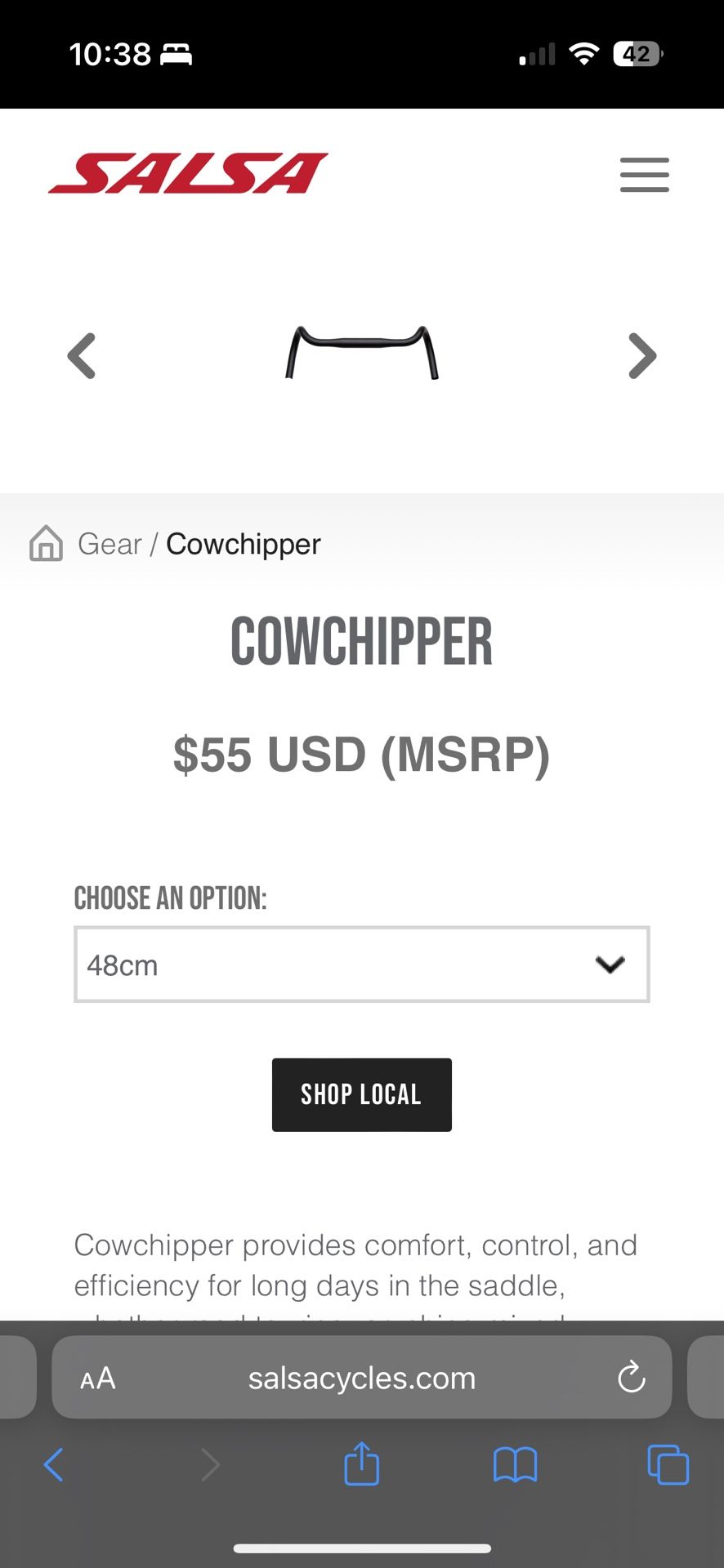 salsa cowchipper drop bar handlebar 48cm