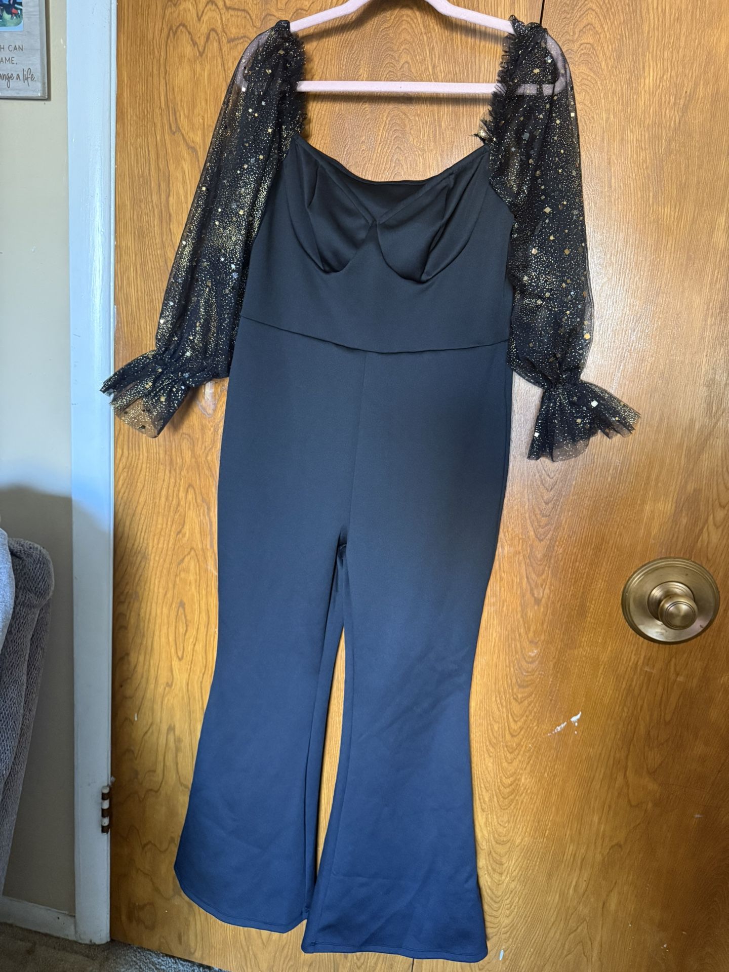 ✨ SHEIN Black Jumpsuit w/ Sparkle Mesh Sleeves — Size 1XL ✨