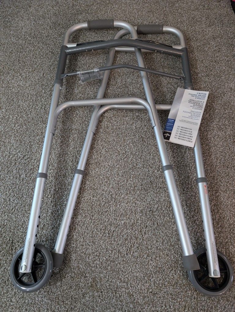 Medline 2 Button Folding Walker W 5 In Wheels Brand New