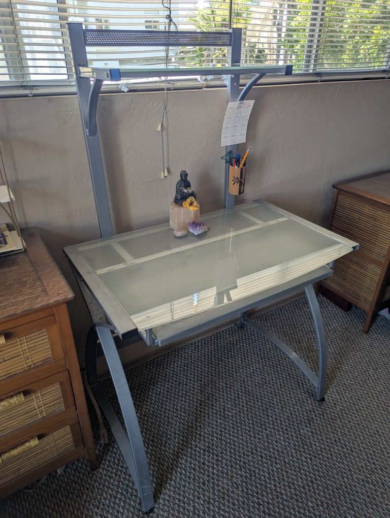 Ultimate 33" Desk Compact 2 Tier Shelves Pull Out Keyboard Drawer Storage Table Glass Metal Silver Designer West Elm Potterybarn Office Furniture work