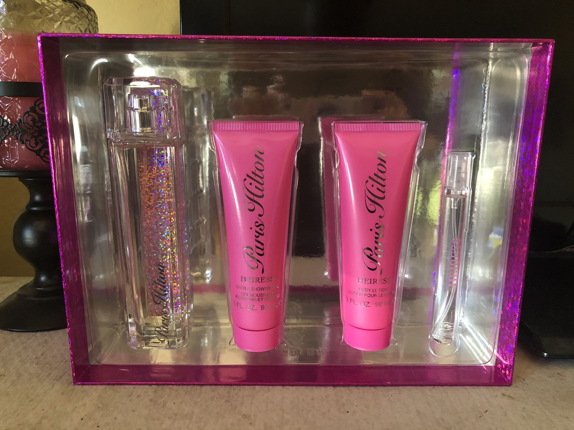 Paris Hilton Heiress Gift Set with 3.4 oz perfume, lotion, shower gel, and more