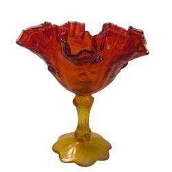 Vintage 1968 Fenton Amberina Fire Flame Cabbage Rose Pattern Compote W Ruffled Edge 6.25"
