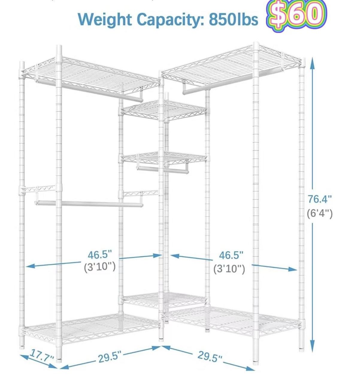 😀 46.5"Lx46.5"Wx76.4"H Heavy Duty Clothes Rack L Shape Clothing Rack 5-Tier Wire Garment Rack Freestanding Closet with 7 Adjustable Shelves & 4 Hangi