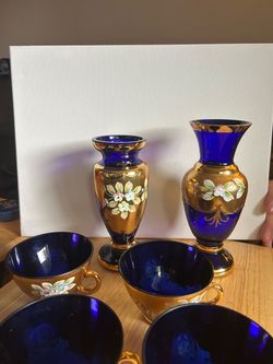 Vintage bohemian/Czech 24k Gold enamel &  Blue cobalt