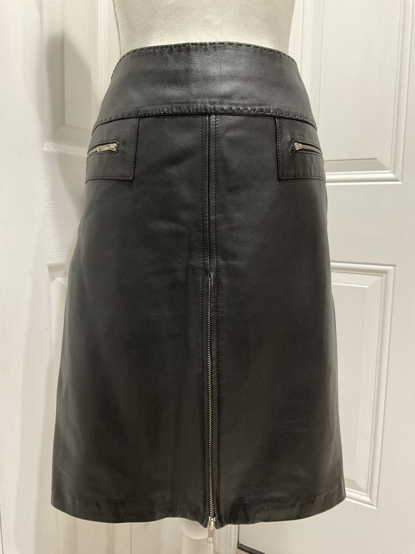 Caché Black Soft Genuine Leather Lined Pencil Skirt, Size 10