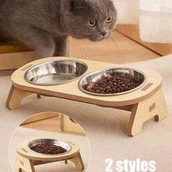1pc Tilted Food And Water Bowl With Wooden Stand, Detachable Stainless Steel 