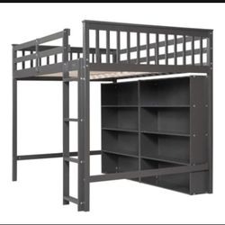 Full Size wooden Loft Bed with 8 Open Storage Shelves and Built-in Ladder