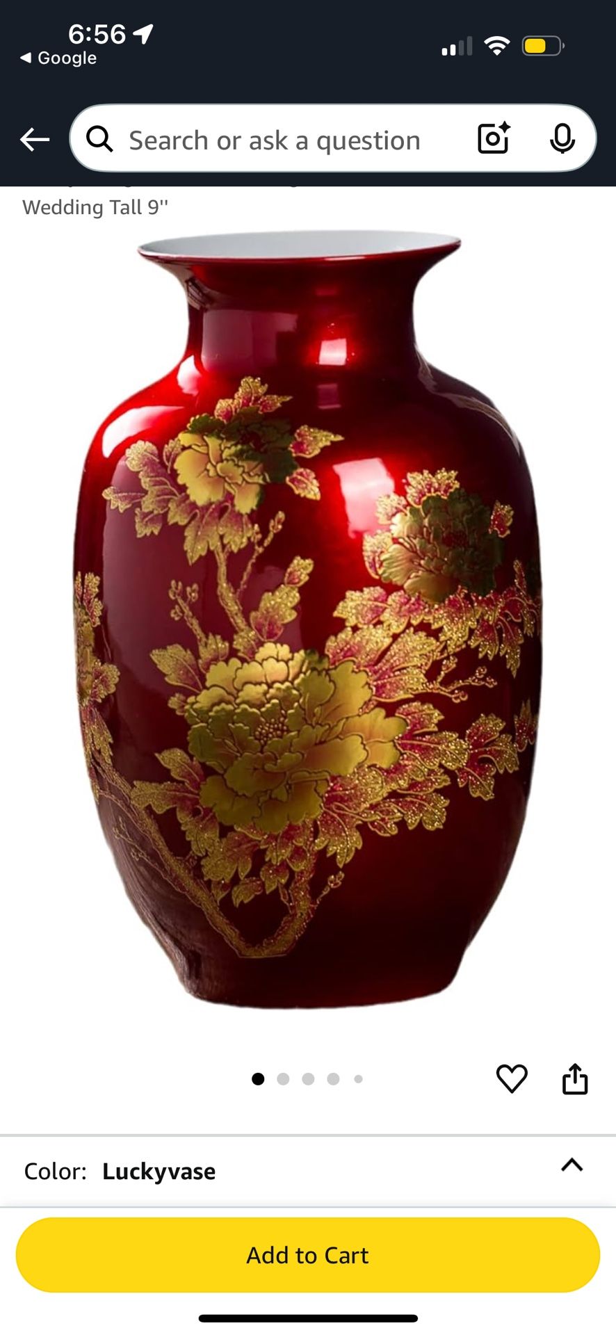 Red Oriental Ceramic Vase with Gold Peony Design – 9” Tall (New in Box)