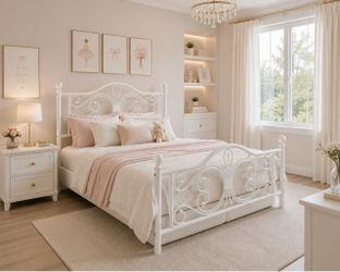 Full bed Metal Platform Bed Frame, Victorian Headboard, White Heavy Duty Metal Slats Support, Mattre