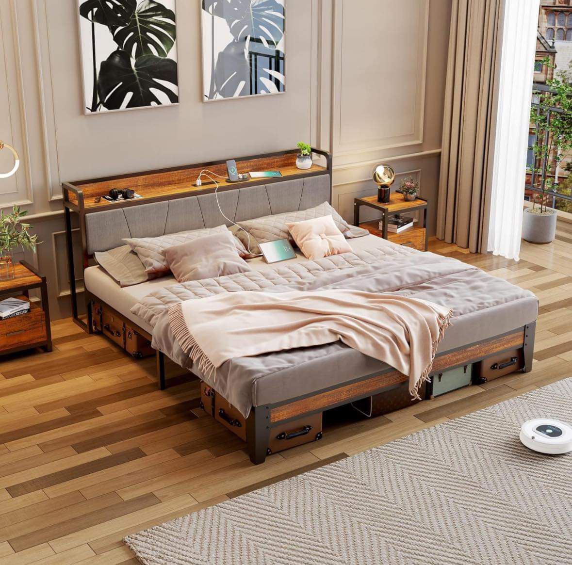 King Size Bed Frame Wood Adjustable Headboard with Charging Station, Wooden Slats Metal Platform Bed Frame with Storage