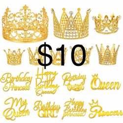 16 PCS Crown Cake Topper Set 8 PCS Queen Cake Topper 8 Styles Gold Alloy Heart-shaped Mini Crowns for Birthday Cake Decoration