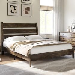 New Solid Wood Queen Bed Frame, No Box Spring Needed, Wood Slats & Headboard, Dark Brown