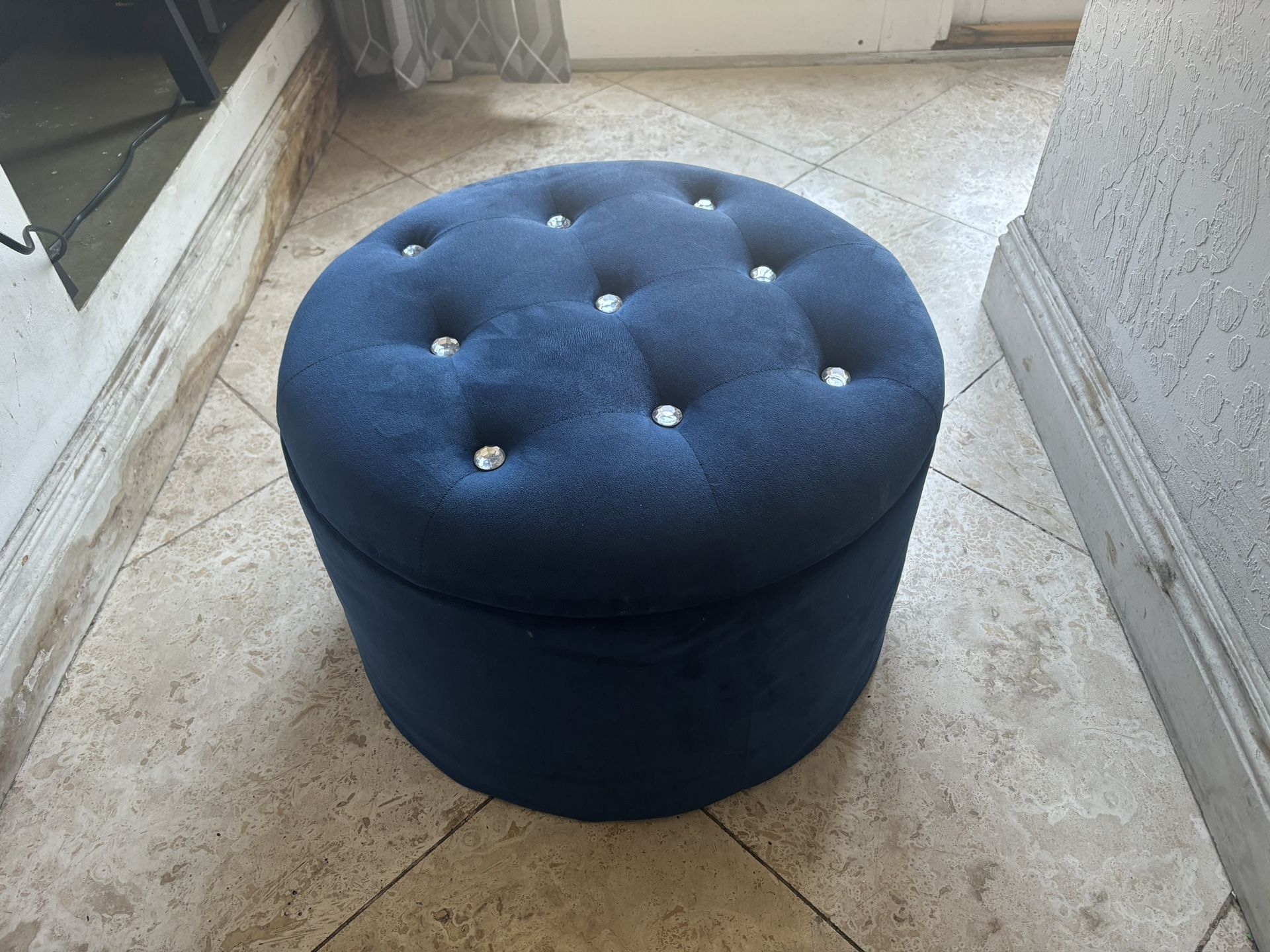 Round Blue Velvet Ottoman With Storage 