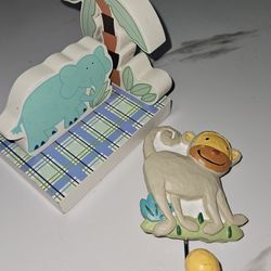 Animal Kids Coat Hangers: Monkey - Jenny And Jeff Design & Nursery White Wood Bookend, Safari, Elephant  Palm Trees