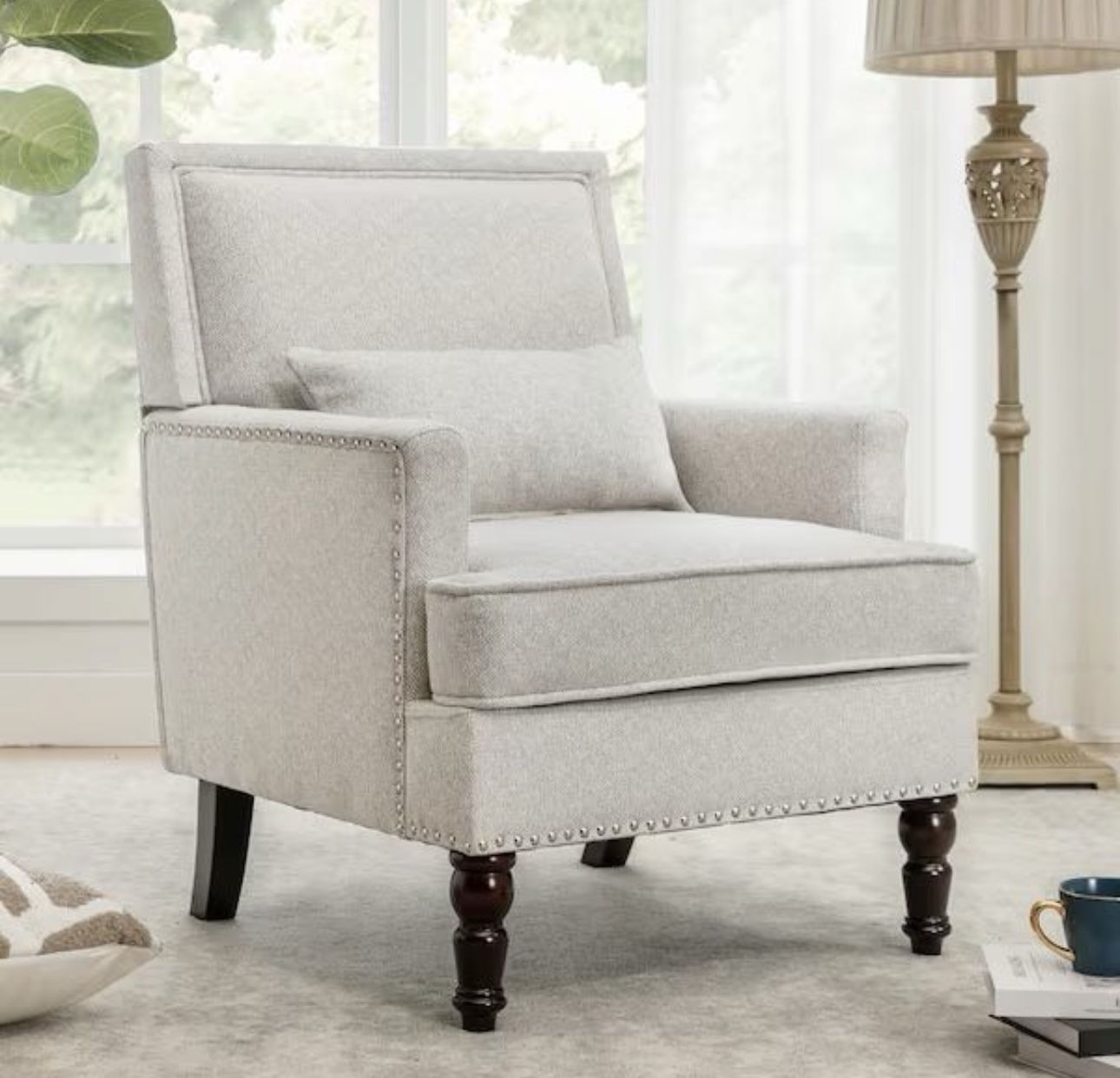 35 in. Beige Fabric Classic Accent Chair Solide Wood Upholstered Armchair with Cushion Nailheads
