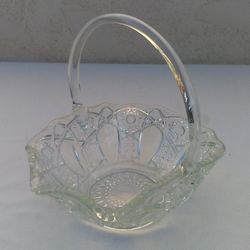 Beautiful Vintage Decorative Crystal Glass Basket with Handle, 8.5"x 7"x 8" high overall size