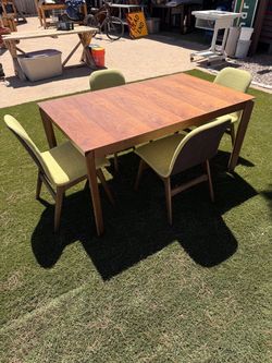 Wooden Dining Table with (5) Upholstered Green Chairs