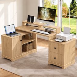 67ā White Farmhouse L-Shaped Computer Desk with Storage & Drawers ā Brand New