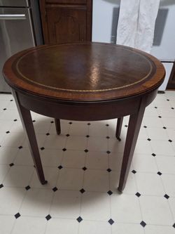 Vintage Round Wood & Leather Side Table