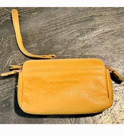Genuine Yellow Textured Leather Wristlet Pouch Zippered Clutch