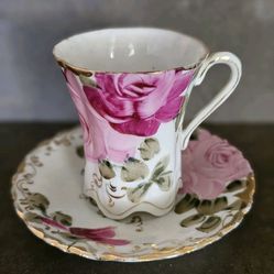 Antique Tea In Garden Hand Painted Roses  Antique Austrian Porcelain Bone  Cup & Saucer