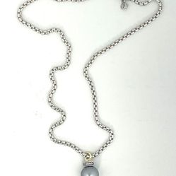 David Yurman Silver 18K Gold Black Tahitian Pearl Pendant Chain Necklace EUC