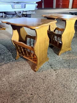 Oak Wood End Tables with Magazine Rack – Set of 2