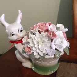 Porcelain Bunny with Basket of Flowers
