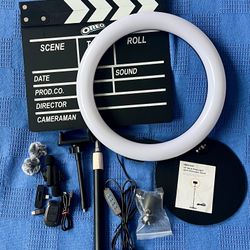  UBeesize 12" Desk Ring Light kit, dual wireless lapel microphone kit And a film clapperboard