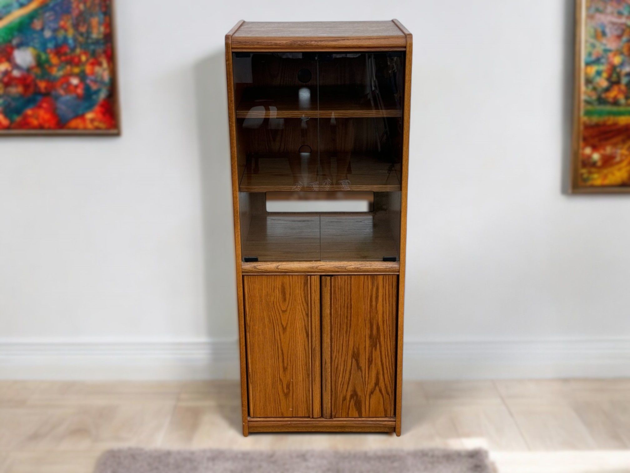 Light Brown Oak Display Cabinet w/ Glass Doors & Shelves