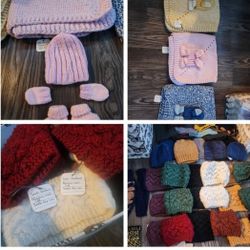 Knitting supplies, books and knitted items together for sale