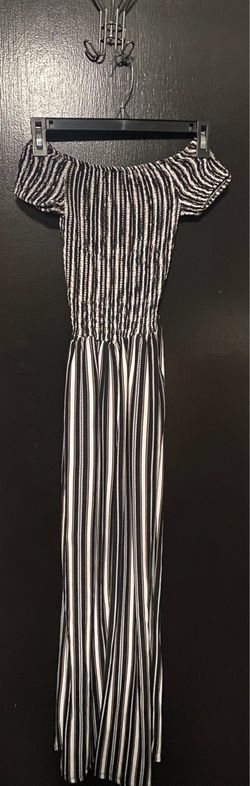 Black and White Striped Off-Shoulder Maxi Jumpsuit