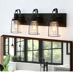 Uolfin Farmhouse Rustic Oil-Rubbed Bronze Vanity Light, 22 in. 3-Light Cage Bathroom Wall Sconce with Seeded Glass Shades @A6-305