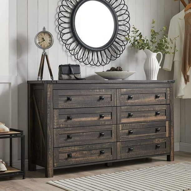 8 Drawers Dresser Chests for Bedroom Farmhouse, Wood Rustic Tall Chest of Drawers, Dark Rustic Oak