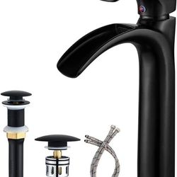 (Brand New in Box)  Matte Black Bathroom Vessel Sink Faucet Waterfall Tall Single Hole with Metal Anti-Clogging Hair Catcher Pop Up Drain Lavatory Van