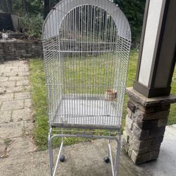 Large Bird Cage White Metal With Rolling Stand
