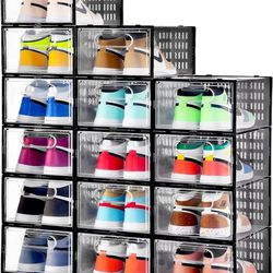 15 Pack Shoe Storage Boxes, Clear Plastic Stackable Shoe Organizer for Closet, Shoe Box with Magnetic Door, Foldable Shoe Storage Bin, Sneaker Storage