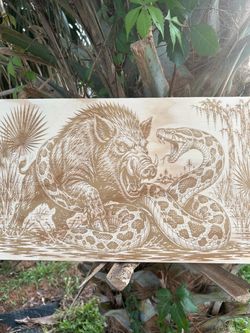Wild Boar and Snake Laser Engraved Wood Art