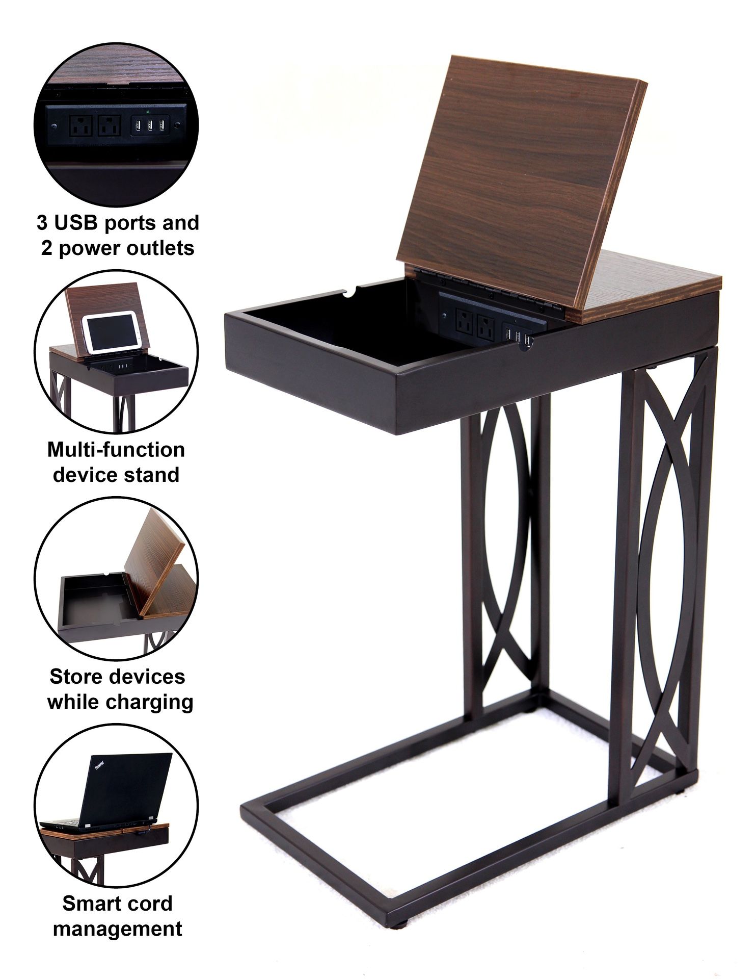 Leisure Space - Stash, Side Table/C-table With Storage & Outlet